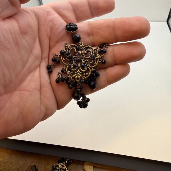 Vintage Black Beaded Chandelier Earrings Antiqued Brass Gothic Boho - Picture 4 of 8